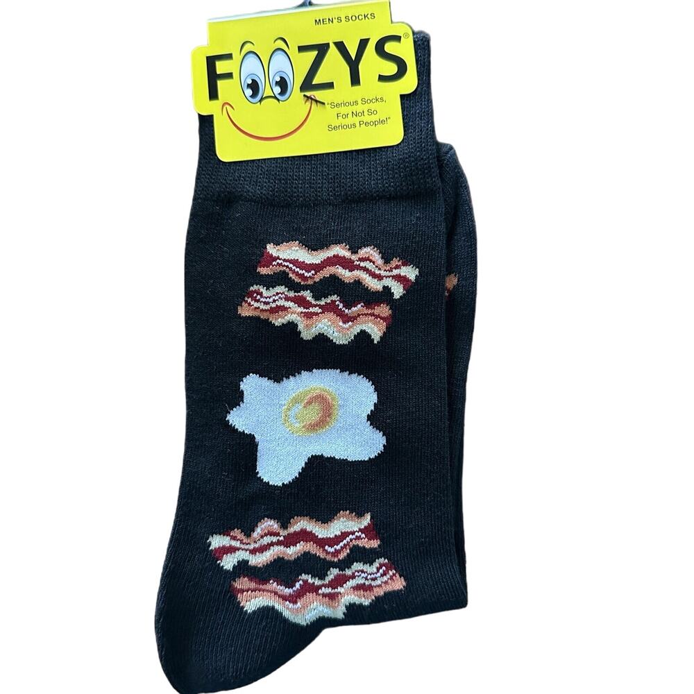 NWT Foozys Black Breakfast Bacon And Eggs Novelty Socks Men One Size